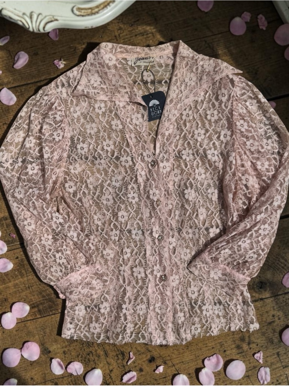 Vintage 50’s 1950’s JEAN’S of CALIFORNIA Pink Sheer Lace Button Up Blouse Top S